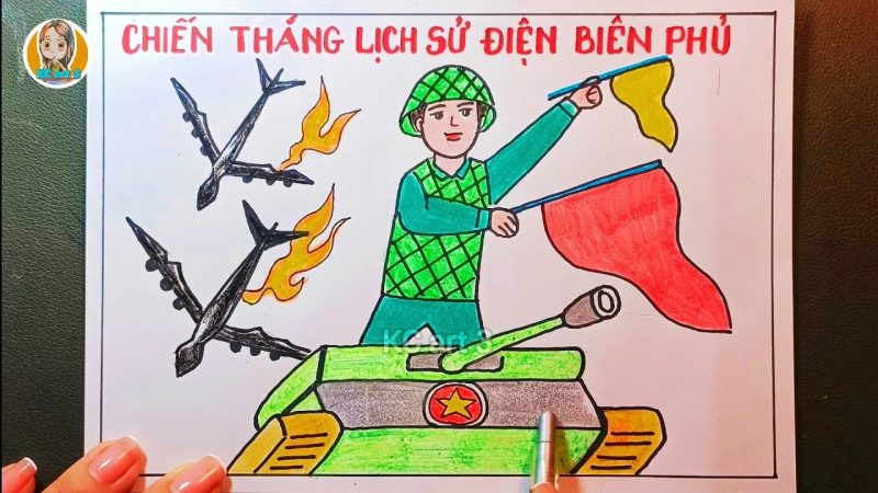 tranh vẽ Chiến thắng Điện Biên Phủ chiến sĩ trên chiếc xe tăng